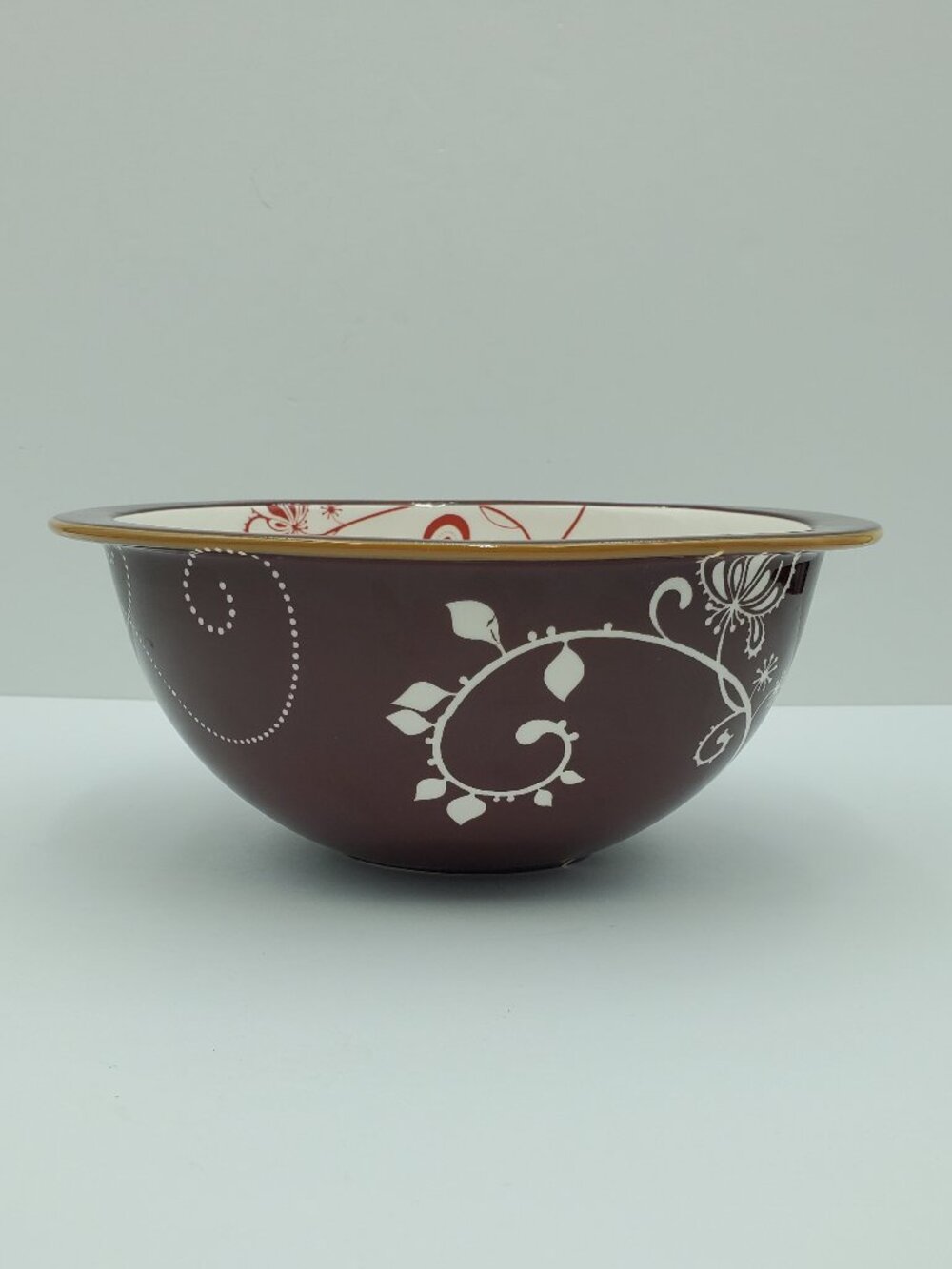 Gorham Retro Bloom 1.5 Qt Mixing Bowl Geometric Floral Wine Red Serving Bowl